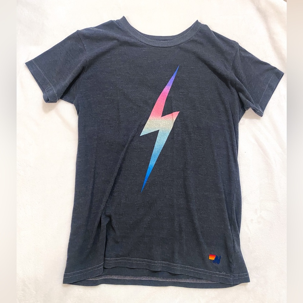 Aviator Nation Tee Shirt Graphic Preppy Lightning Bolt Rainbow Colored Gray Top